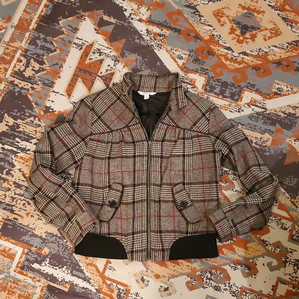 RELATIVITY WOMEN'S grey PLAID ZIPPER JACKET W/ ZIPPER POCKETS‎ wool